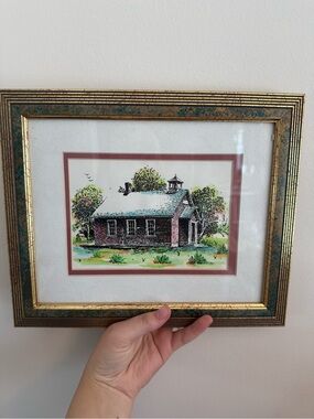 Vintage Style Framed Watercolor Print of Schoolhouse
